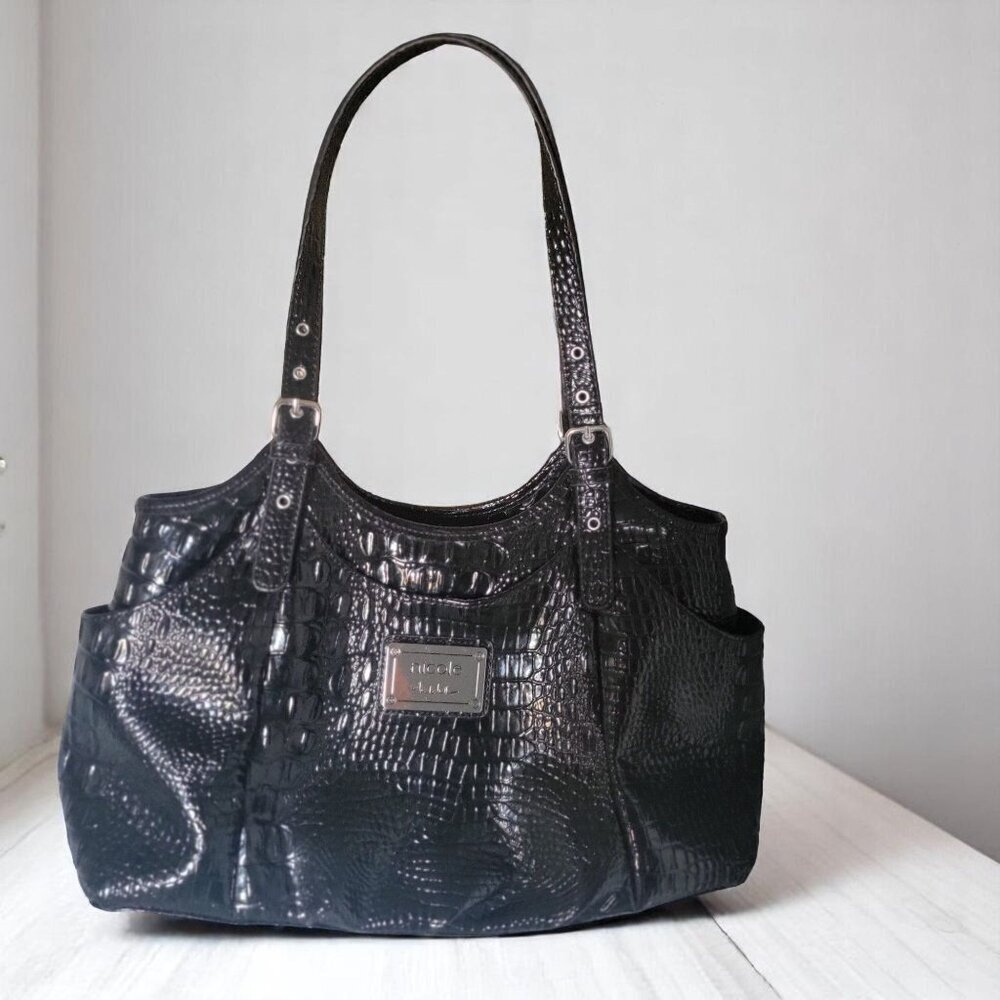 Nicole Miller‎ Black Crocodile Embossed Faux Leather Shoulder/Satchel Bag